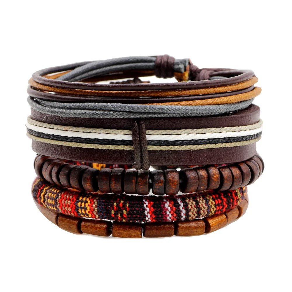 

F&U 5pcs/set Multi Layers Leather Bracelets Bohemia Canvas Wood Beads Knitting Etc Bracelet Charm Form Women And Men Jewelry