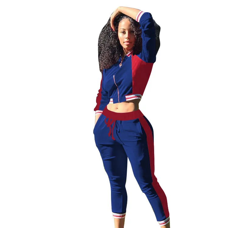 

new autumn winter women long sleeve patchwork zipper jackets + legging long pants 2pcs sporting women's set tracksuits F8155