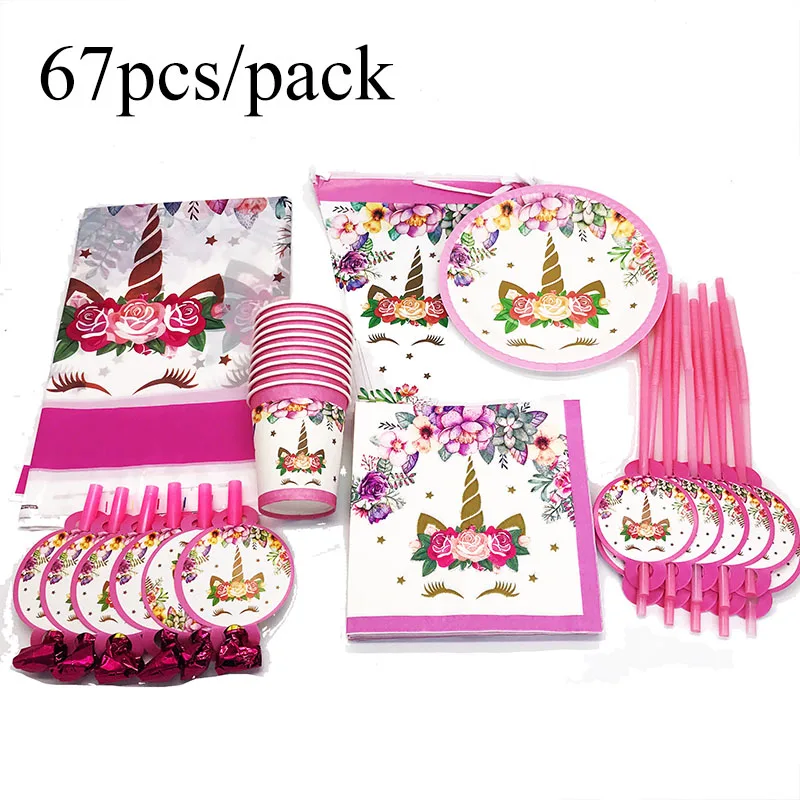 67pcs/pack Unicorn theme disposable tableware sets Pink plates cups napkins tablecloths dishes | Дом и сад
