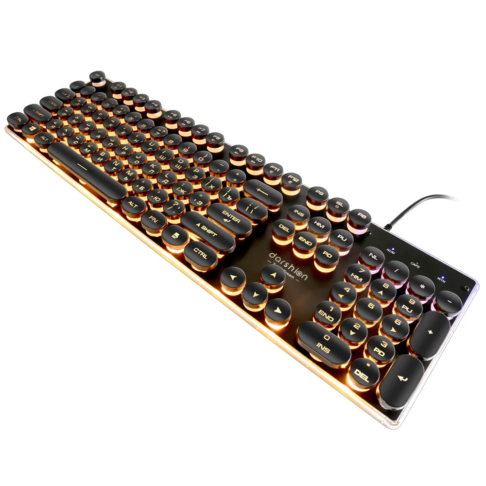 Goede Gaming Russische Toetsenbord Retro Ronde Glowing Keycap Metalen Paneel Backlit USB Wired Metal Panel Verlichte Grens Waterdicht