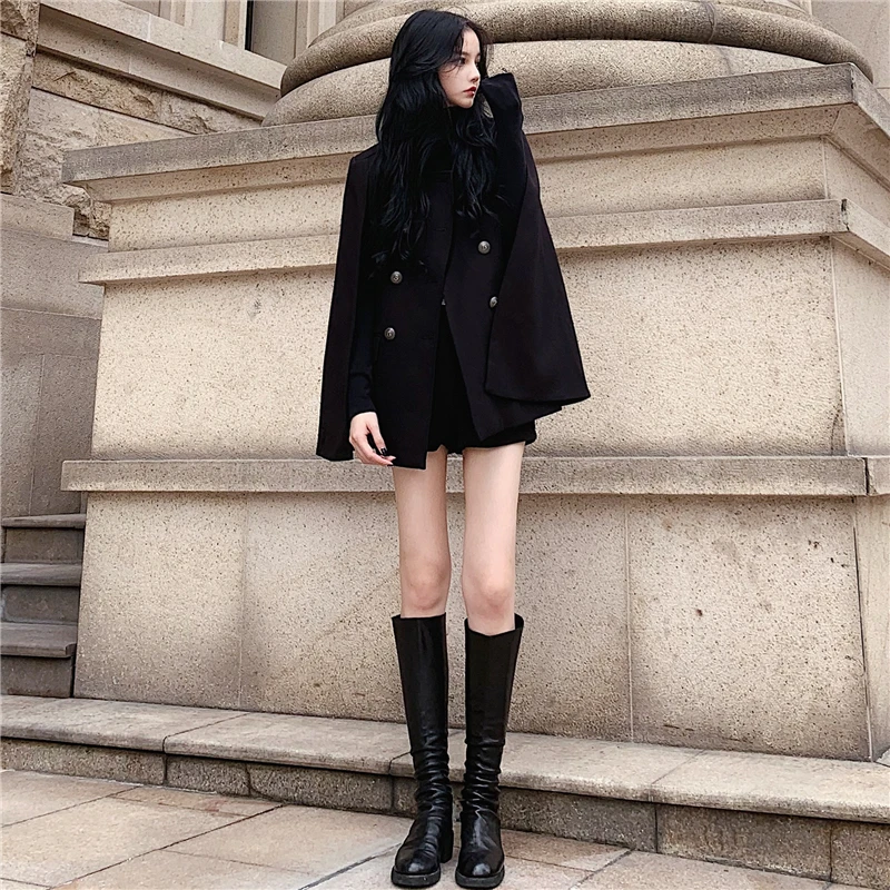 Женская Осенняя куртка двубортный плащ черное шерстяное пальто-жакет Свободный плащ модный плащ осень