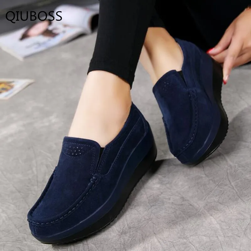 QIUBOSS/; элегантные женские замшевые мокасины на плоской платформе; женские мокасины без застежки; женская повседневная обувь синего цвета; Q01 - Цвет: Синий