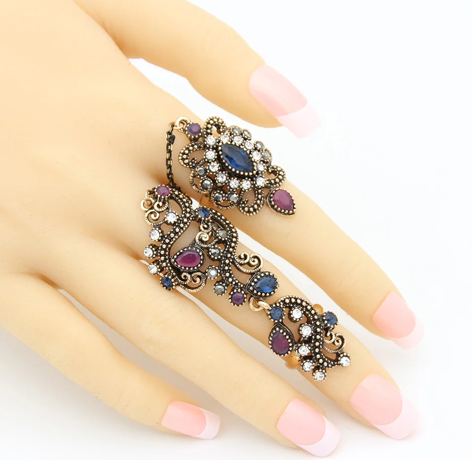 Новое турецкое винтажное цветочное звено цепи двойное кольцо для женщин Античная бронзовая Бижутерия Смола открытие Детские кольца на два пальца по цене - Цвет основного камня: 1753BLUE