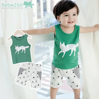 

New Summer Clothes for Kids Boys 2PCs Handsome Fox Pattern Green Little Boys Summer Sleeveless Outfit Free Shipping