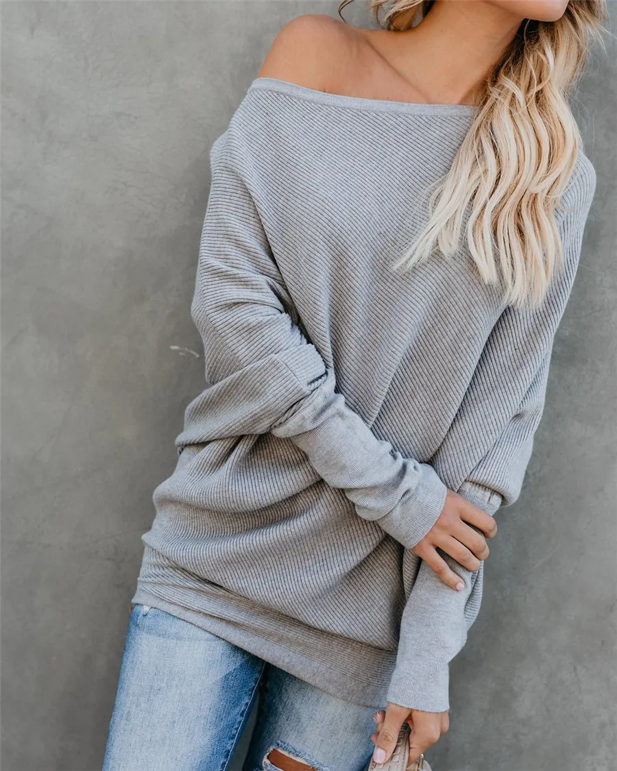 Gladiolus Slash Neck Sexy Autumn Winter Sweater Women 2018  Long Sleeve Loose Casual Long Knitted Pullover Women Sweater Jumpers (13)