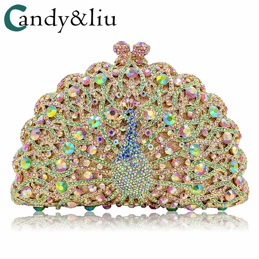 

2018 luxury diamond openwork bag peacock studded banquet bag evening bag full of foreign trade diamond sent rival bag ab silver