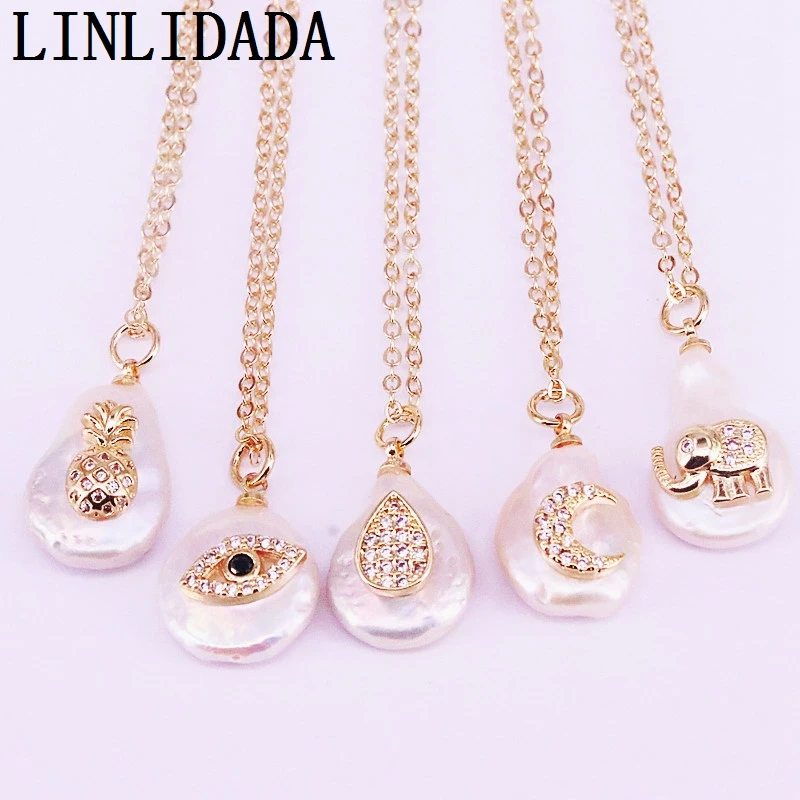 

10PCS, Mix Random,Natural Pearl pendant with cz micro pave gold charm fashion freshwater Pearl Pendant Necklace
