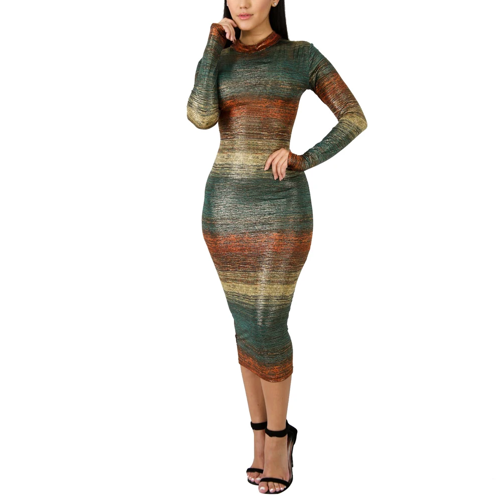 

Women Pencil Dress Colorful Print Stand Neck Long Sleeve Slim Dresses Elegant Lady Fashion High Street Dress Vestidos