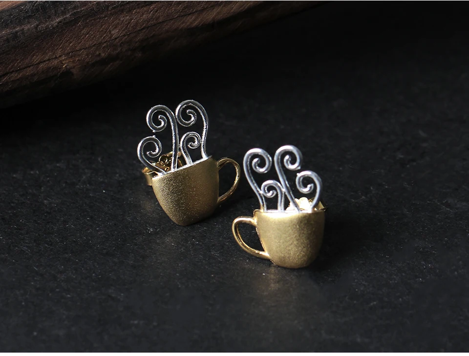 Muduh Collection Real 925 Sterling Silver Natural Creative Handmade Fine Jewelry Hot Coffee Cup Fashion Stud Earrings for Women Brincos