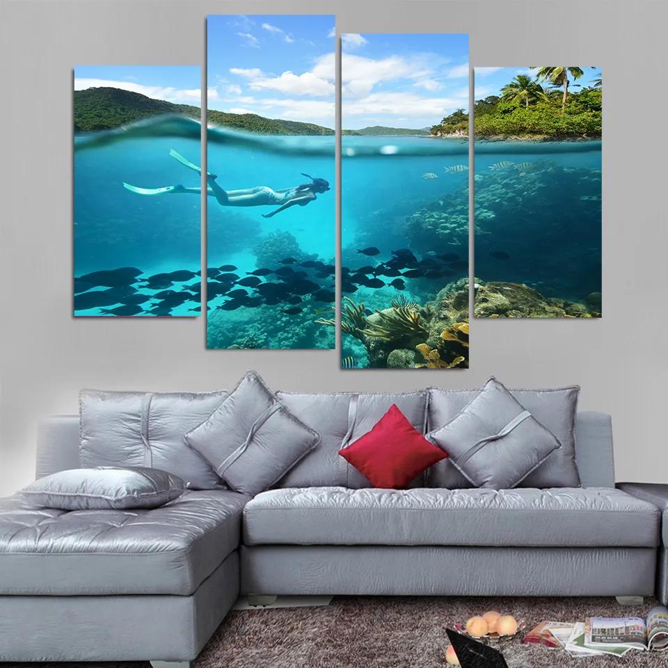 

Printed Modular Fishes Picture Large Canvas Painting Framework 4 Panel Diving For Bedroom Living Room Home Wall Art Decor