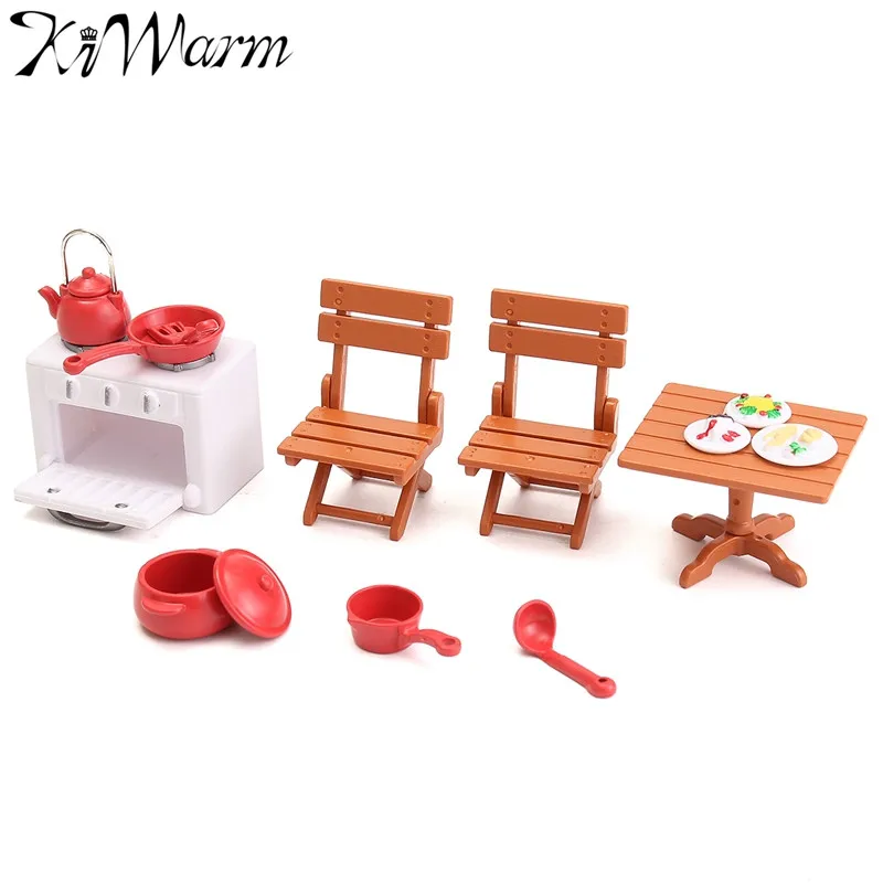 Image Fashion Mini Picnic Set Table Desk Stool Oven Ornaments Figurines Miniatures Doll House Plastic Craft Christmas Gift Kids Decor