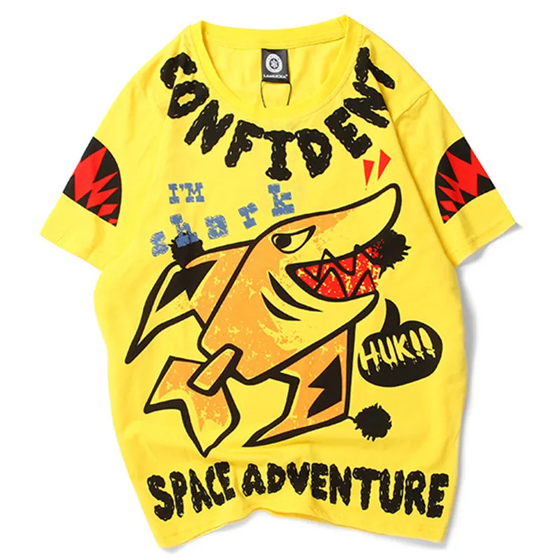 

2019 The New Men's Spring And Summer Cotton Youth Studentt Fashion T-Shirt Colour Graffiti Shark Printing Loose T Shirt Tide Man