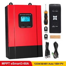 MPPT 60A Solar Charge Controller 12V/24V/36/48V Auto LCD Display Max 150V Solar Panel Input High Efficiency Charging eSmart3 high voltage 48v max pv input 190v solar controller et6420bnd 60a epever wifi box mt50 remote meter free tnt shipping 60amps