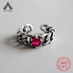 100% S925 серебро Мода CHIC Ретро красный корунд цепи Adjustable Ring