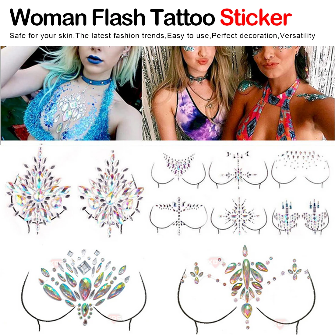 Party Festival Acrylic Chest Decoration Crystal Diamond Tattoo Drill Paste Resin Face Body Stick Makeup Rhinestone Sticker