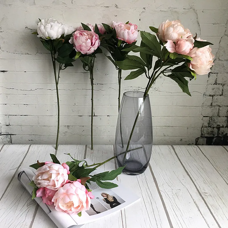 Silk Plastic Peony faux Flower branch with leaves flores peonies 9 2019-01-13 120232