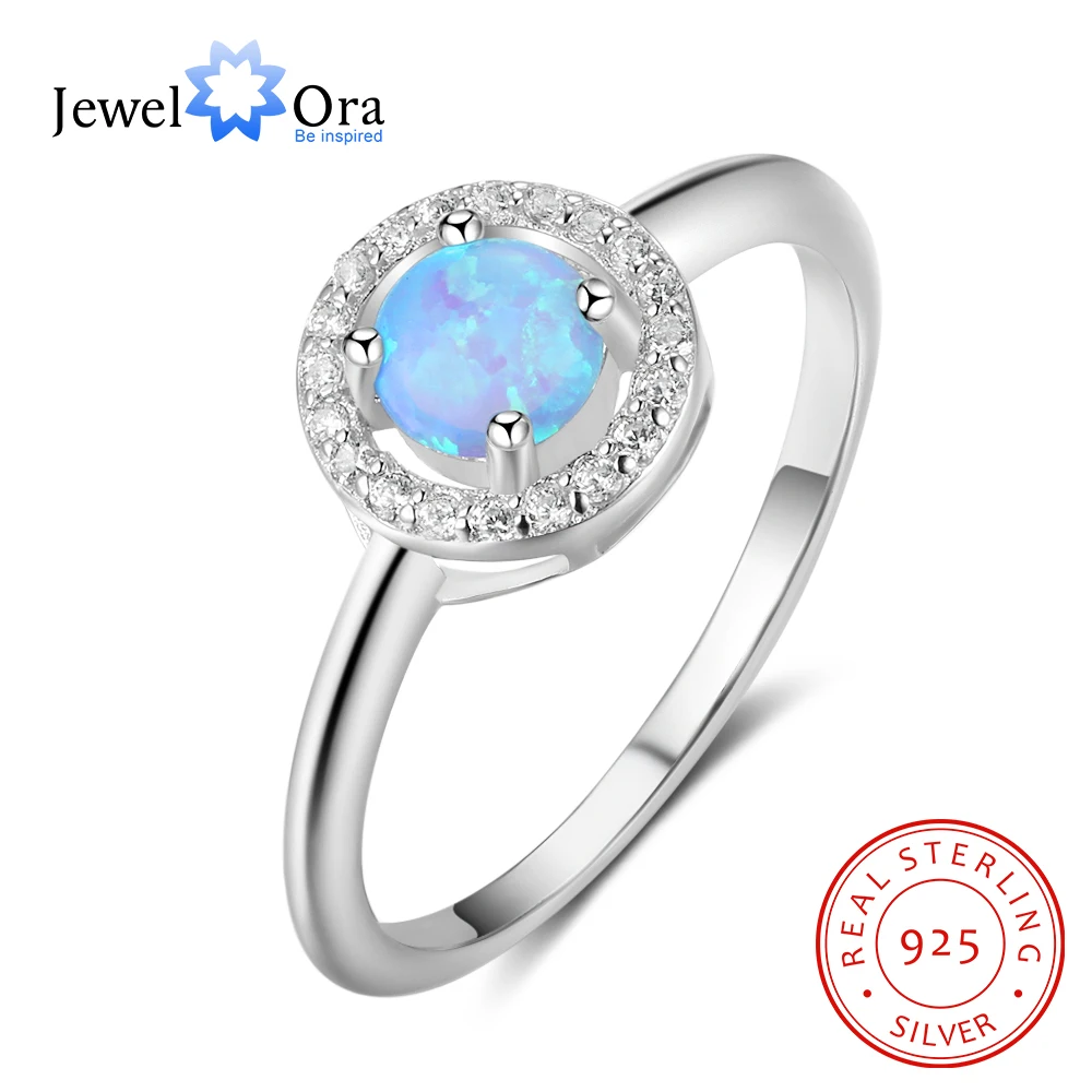 9mm Round Blue Opal Stone Wedding Ring Soild 925 Sterling Silver Jewelry Accessorise Rings For Women Gift (JewelOra RI103299)