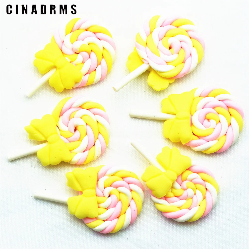 

28mmX47mm Baked Polymer Clay Lollipop with Light Yellow Ribbon,Fimo Clay DIY Embellishment Crafts,Fake Sweets Miniatures