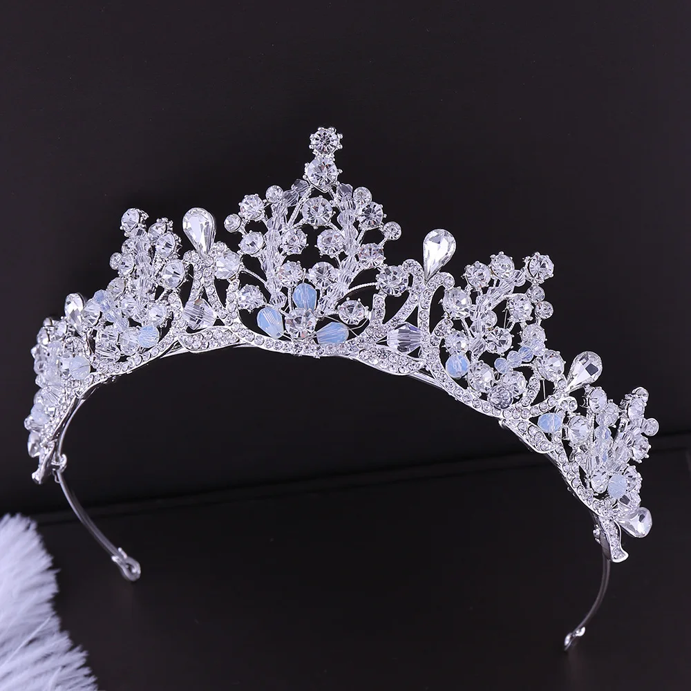KMVEXO Handmade Rhinestone Beads Bridal Tiara Crown Silver Color Crystal Diadem Veil Tiaras Wedding Hair Accessories Headpieces