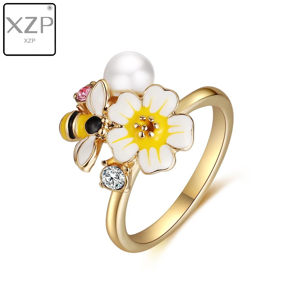 

XZP 3Size Summer Honey Bee Flower Enamel Single Rings for Women Crystal Pave from Austrian Pearl Charms Gold Plate Cocktail Ring