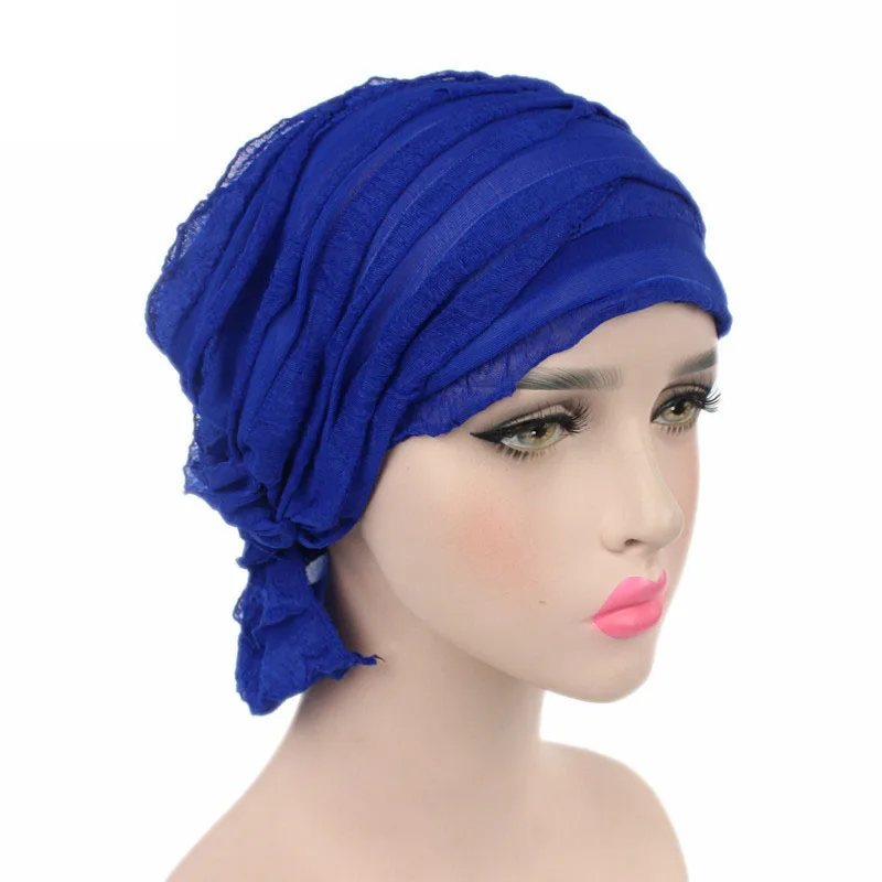 Женский простой милый тюрбан Кепка морщин мусульманский гофрированный шифоновый шарф в полоску Шляпы для химиотерапии бини головные уборы для женщин F0242 - Цвет: royal blue