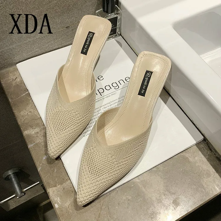 

XDA Summer 2019 New mid Heels Slippers Woman Pointed Toe Slides Knitted slipper Female Fashion Mules Shoes Woman sandals L276