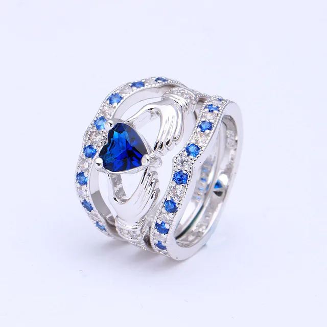 Blue Created Purple White Princess Wedding Band Women Crown Heart Blue Created Purple White Princess Wedding Band Women Crown Heart Hand Love Royal Zirconia Zircon