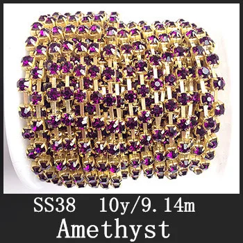 

Best Quality SS38 10 Yards Rhinestone Cup Chain Amethyst Sew On Strass Chain Golden Base