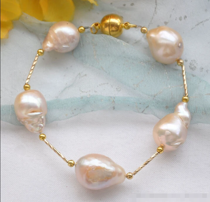 

Z5610 REAL 8" 17mm pink BAROQUE KESHI REBORN PEARL gild 5star bracelet @^Noble style Natural Fine jewe FREE SHIPPING
