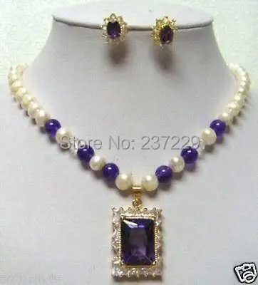 

Wholesale price FREE SHIPPING ^^^7-8mm Fresh water white Pearl Purple stone pendant Necklace Earring Sets