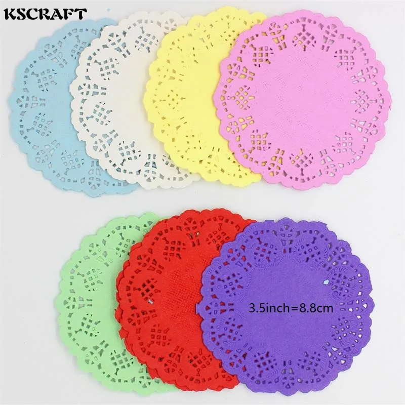 Image 3.5   Colored Flower Lace Round Paper Doilies Placemat Craft Doyleys Wedding Birthday Tableware Decoration 100pcs