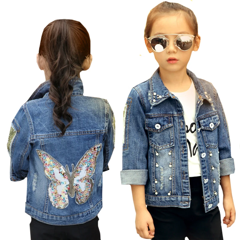 

2019 Baby Girls Denim Jacket Cardigan Coat Kids Jean Outwear Butterfly Embroidery Sequins Girls Children Clothing Spring Clothes