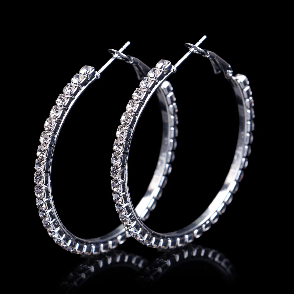 1Pair 40mm Bridal Silver Color Crystal Diamante Rhinestone Round Hoop