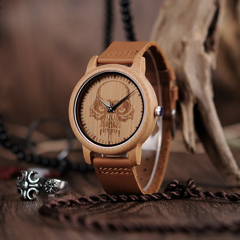 BOBO BIRD LP24 Men Ebony Bamboo Wood Watches Engraving Glass Halloween Skeleton Watches Men erkek kol saati