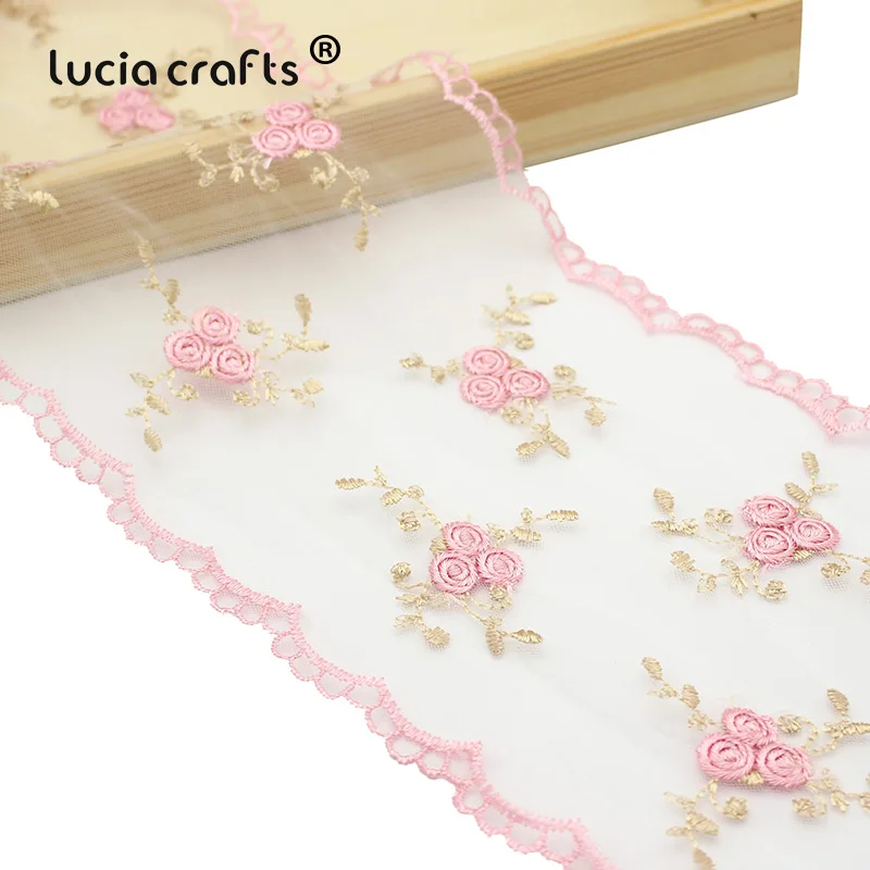

Lucia crafts 1y/3y/5y 14cm Pink Flower Embroidered Net Lace Fabric Trim Ribbons DIY Sewing Handmade Materials R0101