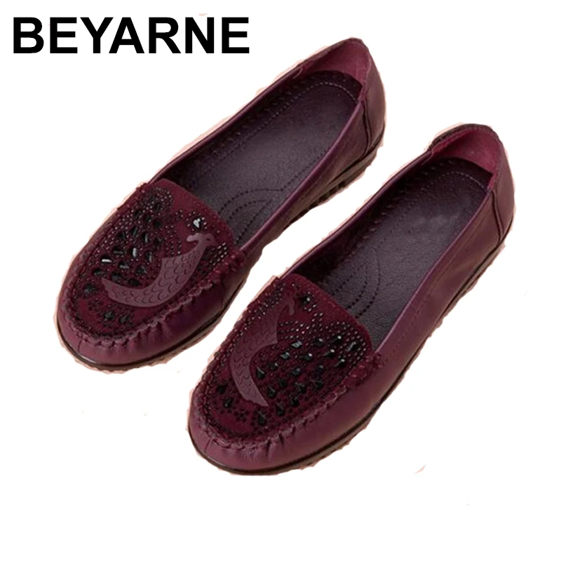 

BEYARNESpring Summer Ballet Flats Shoes Women Genuine Leather rhinestone Shallow Cow Leather Slip On Loafers Plus Size 35-43E791