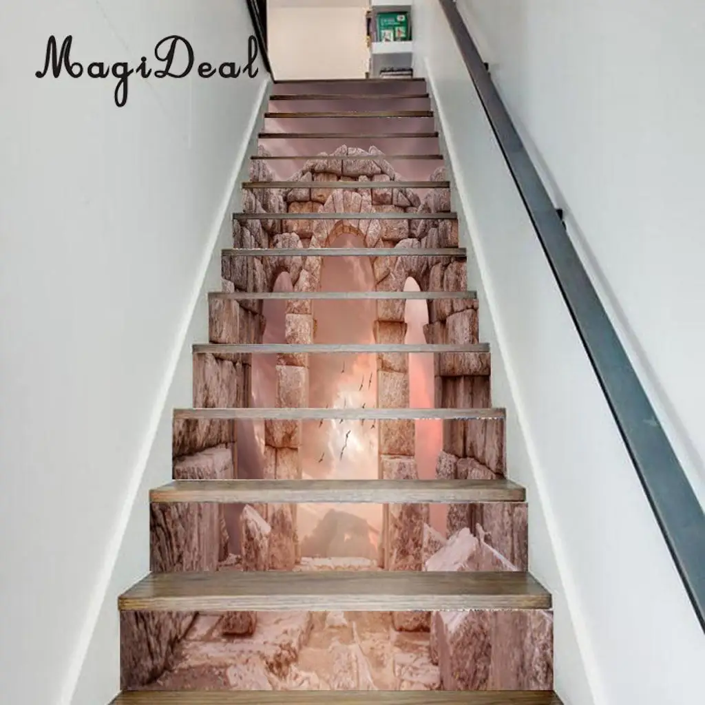 13Pcs 3D DIY Tile Stairs Stickers Removable Waterproof Wallpaper Stickers Self-adhesive Stair Riser for Stairway or Home Decor