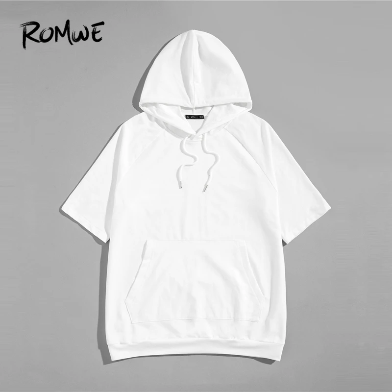 ROMWE Men Drawstring Hoodie Tunic Tee 2019 Fashion Solid White Pocket T Shirts Mens Clothing Summer Short Sleeve T-shirt