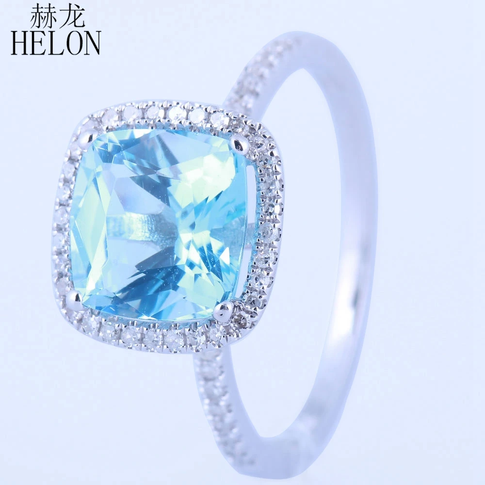 

HELON Certified Cushion Cut 8mm Sky Blue Topaz Ring 14K White Gold Engagement Diamond Ring For Women Wedding Party Gift Jewelry