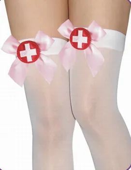 

Nylon Naughty Nurse Transparent Thigh Highs Stocking Satin Bow and Embroidered Badge Sexy Fashion Stocking