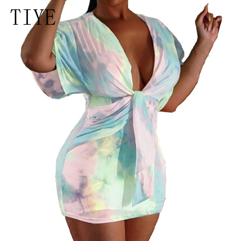 

TIYE Fashion Tie Dyeing Sexy Deep V-neck Lace-up Dress Women Bodycon Bandage Vintage Printed Mini Dress Ladies Summer Party Wear