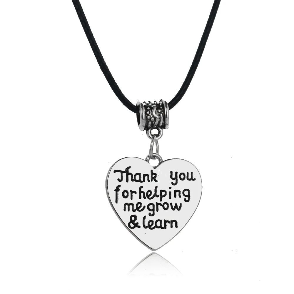 Heart Pendants Thank You For Help Me Grow & Learn Leather Chain Necklace For Teacher Chain