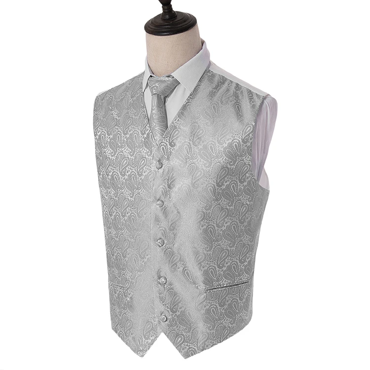 Men's Navy Paisley Floral Jacquard Waistcoat Necktie and Pocket Square Vest Suit Set Party Wedding