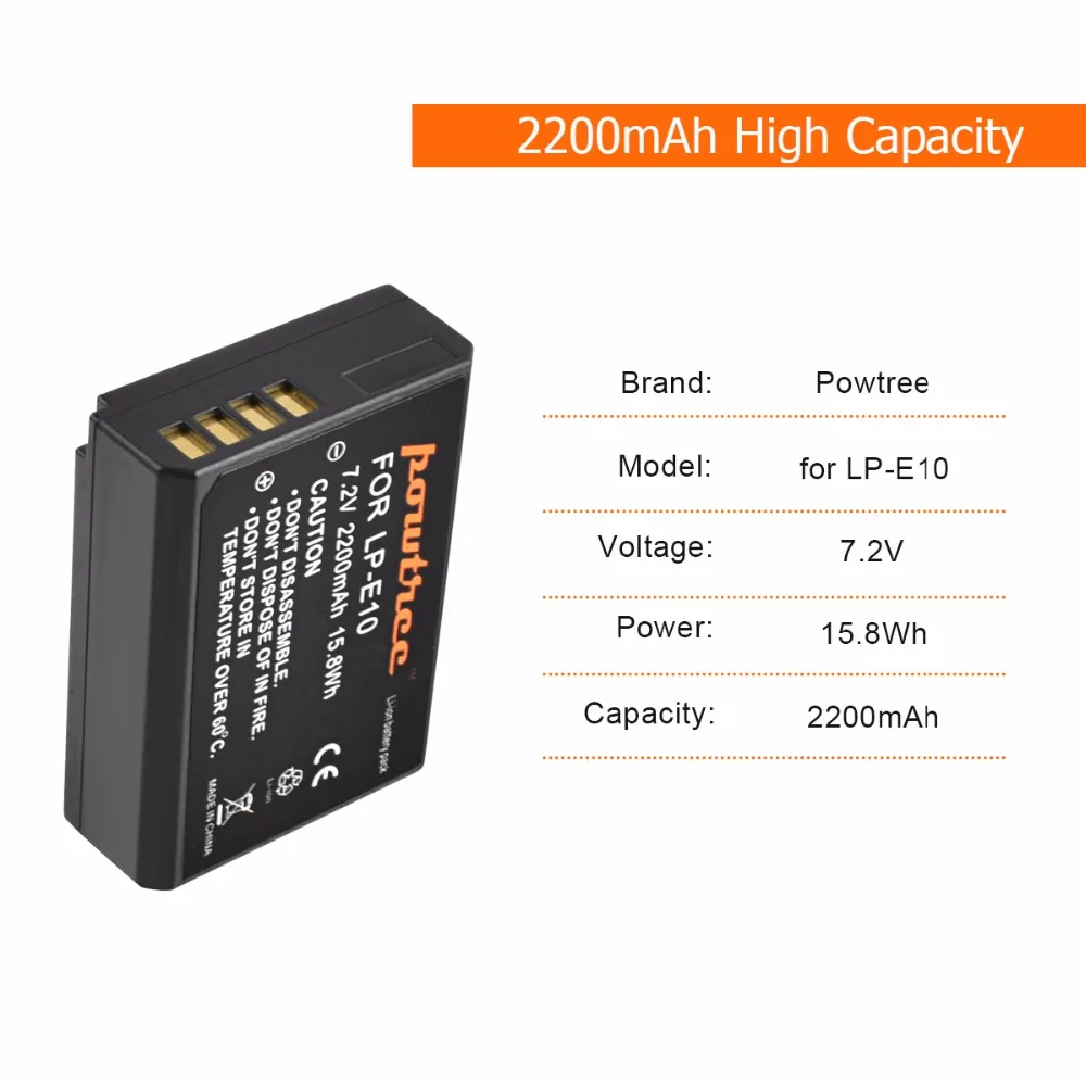 Powtree для Canon 2x7,2 V 2200mAh LP-E10 аккумуляторная литиевая батарея Замена LP E10 LPE10 EOS Rebel T3 T5 T6 1100D 4000D