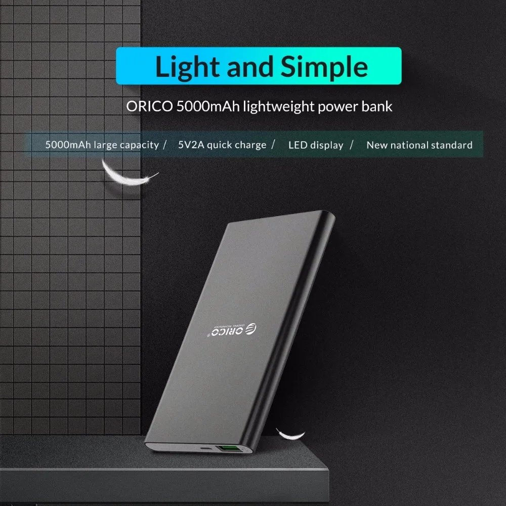 ORICO Quick Charge power Bank 5000 мАч USB светодиодный внешний аккумулятор, Внешнее зарядное устройство для мобильных телефонов, планшетов, повербанк для Xiaomi