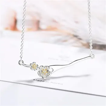 

New Simple Female Fashion Jewelry Flower 925 Sterling Silver Sweet Twig Cherry Branch Personality Clavicle Chain Necklaces N505