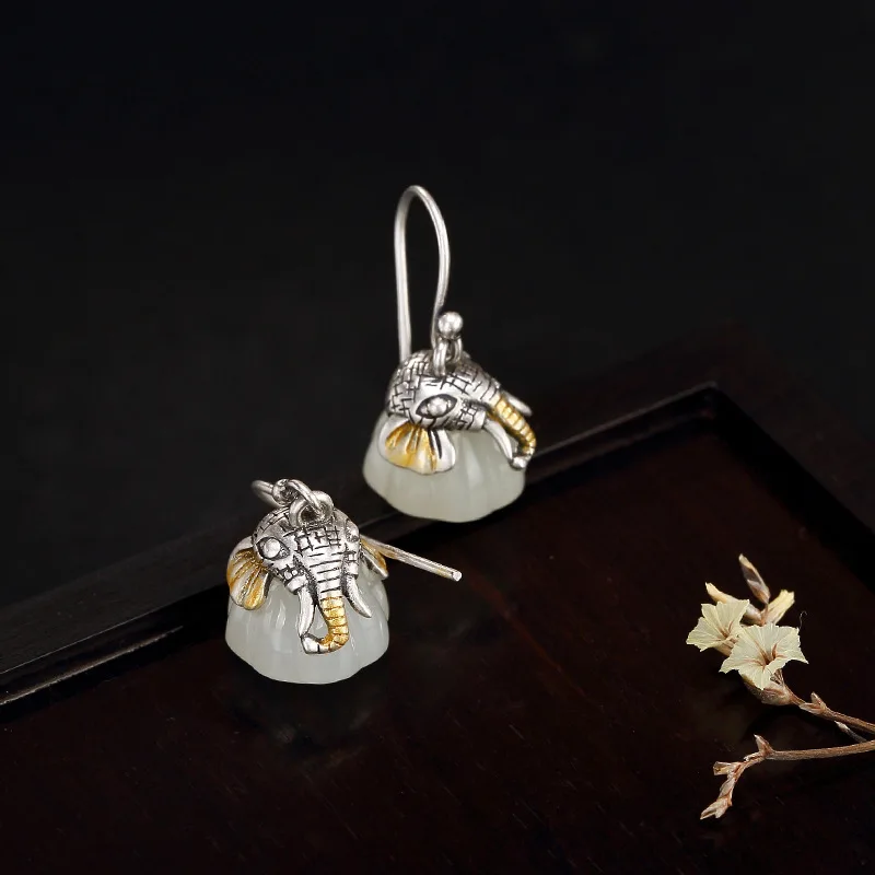 

S925 Pure Silver Elephant Natural Hetian Jade White Jade Lotus Retro Women Earrings Pendant Earrings Products Wholesale