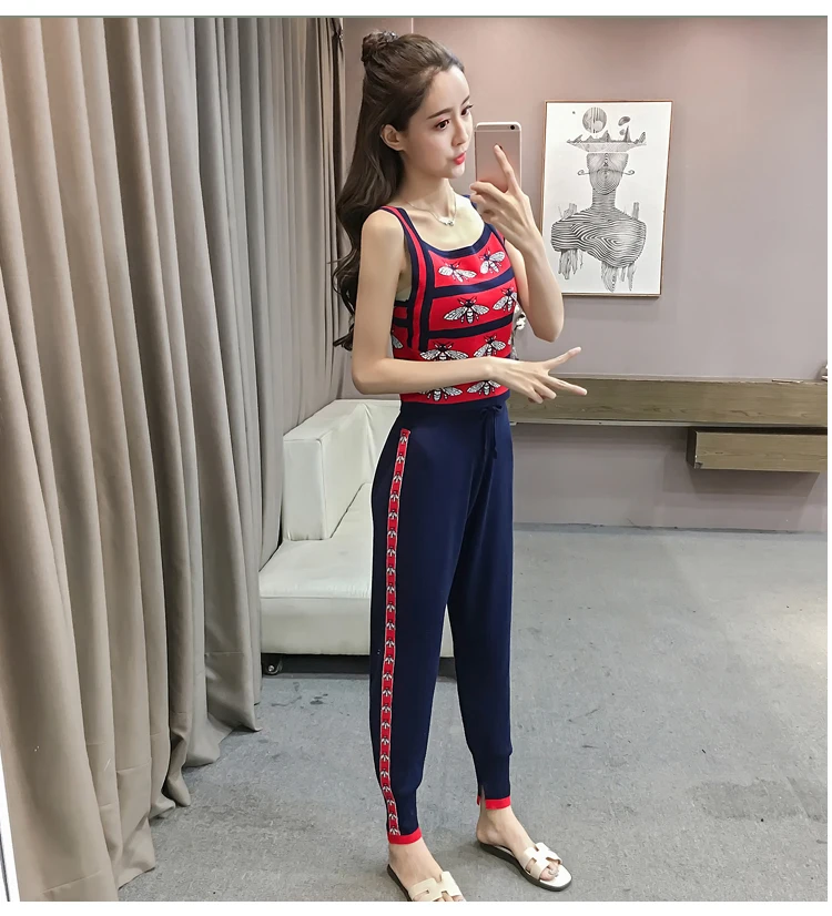 

Amolapha Women Knitted Tank Tops+Pants Suits Bees Woman Casual Camisoles+Pant 2PCS Sets