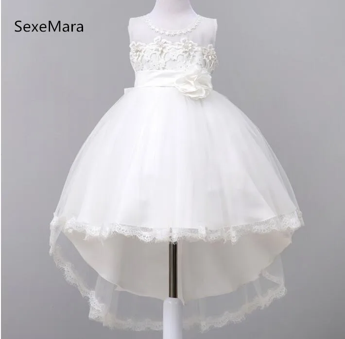 

New O-Neck Baby Girls Birthday Dress with Big Bow Lace Applique Kids Princess Hi Lo Flower Girls Dress Pageant Party Gown