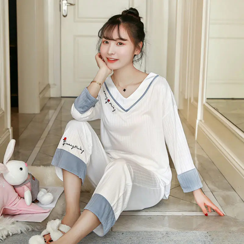

2019 Spring Autumn 100% cotton V-neck Pajamas Sets for Women Long Sleeve Pyjama Girls Sleepwear Loungewear Homewear Pijama Mujer